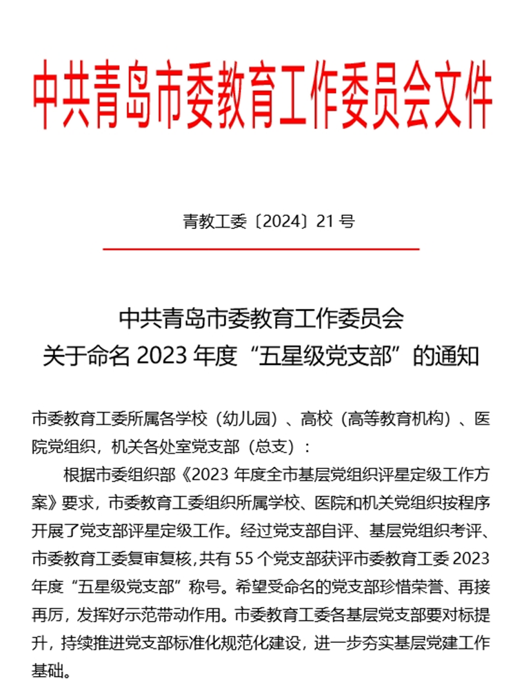 新葡京官网四个党支部荣获青岛市委教育工委2023年度“五星级党支部”称号